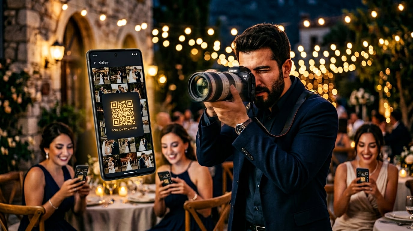 Düğün fotoğrafçısı kamera arkasında, müşteriler aynı anda telefonlarındaki Buy Me a Photo galerisine bakıyor